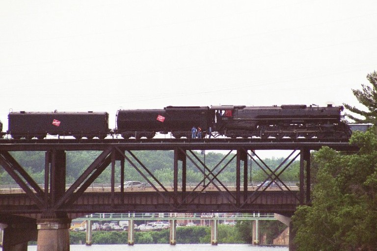 Milwaukee Road 261 crossing the Wisconsin River at Wisconsin Dells, WI
